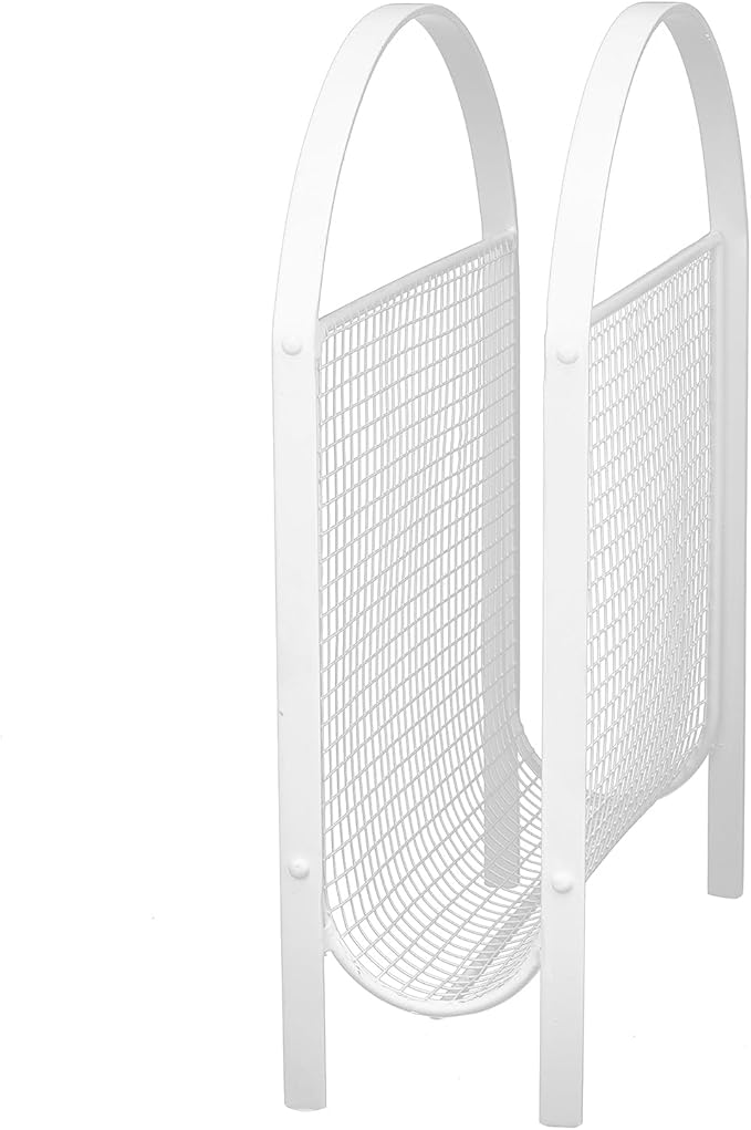 MyGift Mid-Century Design Magazine Rack, Matte Black Tone Metal Mesh Freestanding Magazine Organizer Holder Sling (White)-DeskLoop Office