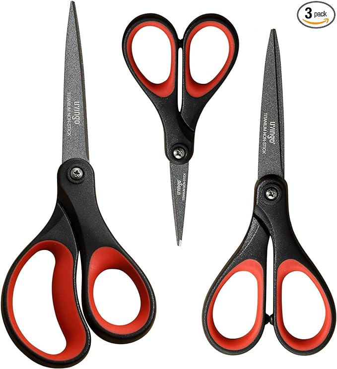 LIVINGO 3 Pack Titanium Scissors All Purpose - Non Stick Stainless Steel Sharp Scissors Set Heavy Duty for Office School Sewing Crafting Cutting Fabric Paper, Comfortable Grip, 5”, 7” & 8”-DeskLoop Office