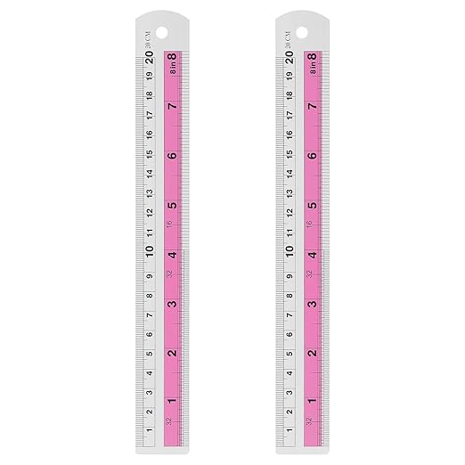 HARFINGTON 2pcs Metal Straight Ruler 20cm Metric SAE Aluminum Alloy Measuring Rulers Scale Tools with Hole for Measure Study Reading Classroom Office, Pink-DeskLoop Office