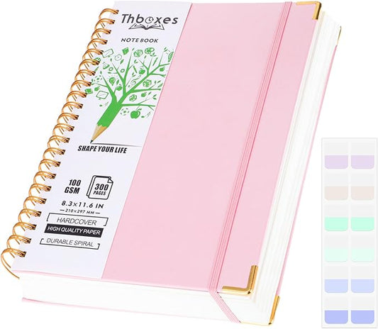 Spiral Notebook 8.3” x 11.6”, 300 Pages/150 Sheets Pink Notebook College Ruled A4 Spiral Notebook Journaling Notebook with Index Sticker, Back Pocket, Elastic Band for Work Business School Note Taking-DeskLoop Office
