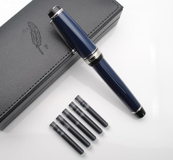 Metal Big Fountain Pen Set Medium Nib 0.7mm, Includes Ink Refill Converter, 5 Ink Cartridges & Gift Box (Medium Nib 0.7mm, Dark Blue with Silvery Clip)-DeskLoop Office