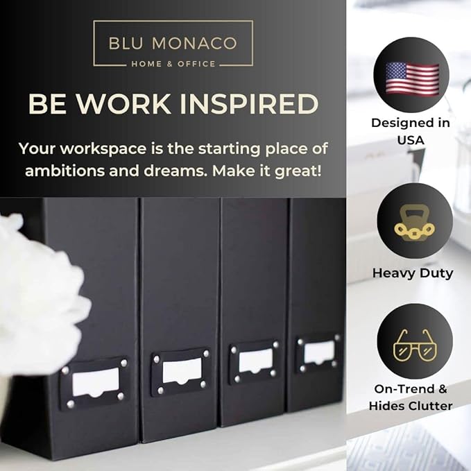 Blu Monaco Foldable Black Magazine File Holder with Leather Label Holder - Set of 6 Cardboard Magazine File Boxes Desk File Organizer-DeskLoop Office