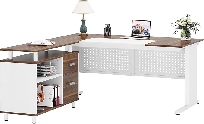 Tribesigns 63 Inch Executive Desk with File Cabinet, L Shaped Office Desk with Drawers and Storage Shelves, Business Furniture Set Workstation for Home Office, White and Walnut-DeskLoop Office