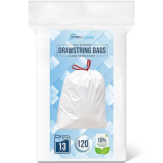 SIMPLI-MAGIC 13 Gallon Drawstring Trash Bags, 120 Pack – Tall Kitchen Garbage Bags, Custom Made with Premium Materials (White)-DeskLoop Office