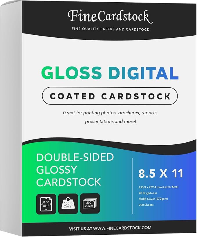 Double-Sided Heavyweight Gloss Digital C2S Cardstock – Perfect for Color Laser Printing, Flyers, Brochures, Photos | 8.5" x 11" | 100lb Cover | Acid Free, Glossy Coated on Both Sides | 200 Sheets-DeskLoop Office
