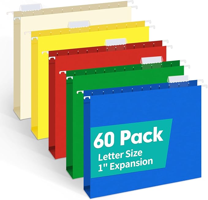 HERKKA Extra Capacity Hanging File Folders, 60 Pack Reinforced Letter Size Hanging Folders with Heavy Duty 1 Inch Expansion, Designed for Bulky Files, Medical Charts, Adjustable Tabs, Assorted Colors-DeskLoop Office