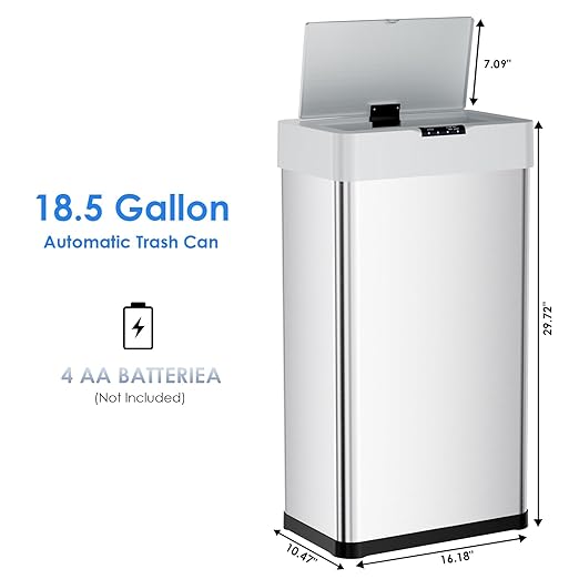 AthLike Sensor Trash Can, Touchless Motion Sensor Trash Bin, Smart Automatic Garbage Can with Soft-Close Lid, Bag Retainer Ring and Display Light,for Kitchen,Living Room Office (Silver, 18.5 Gal)-DeskLoop Office