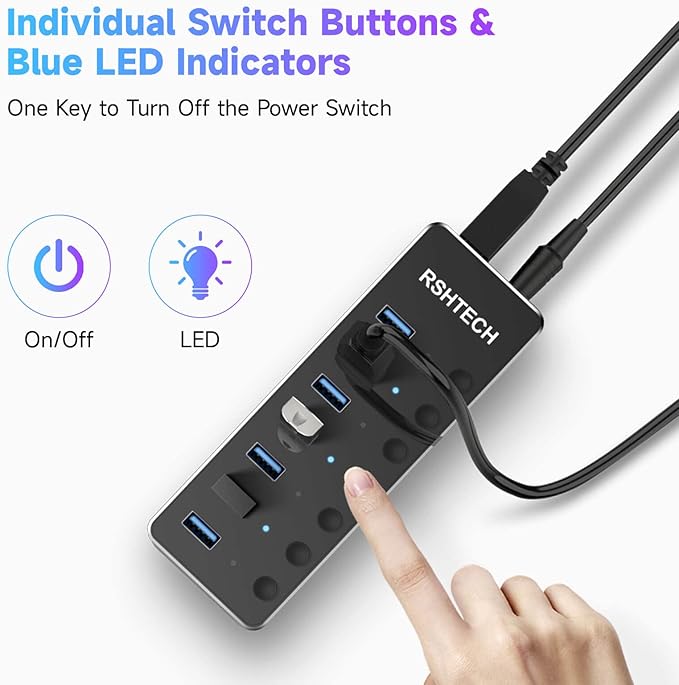 Powered UBS Hub, RSHTECH 7 Port USB 3.0/USB C Hub Upgraded Version Aluminum USB Splitter with 2-in-1 USB Cable,5V 3A Power Adapter and Individual Switches, USB Port Expander for Laptop/PC, RSH-ST07-DeskLoop Office