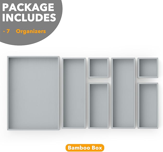 SpaceAid 7-Piece Bamboo Drawer Organizer Storage Boxes Set, Wood Tray Junk Drawer Organizers Multi-Use Divider Bins for Kitchen, Bathroom, Office Desk and Makeup Organization (7 Pack, Gray)-DeskLoop Office
