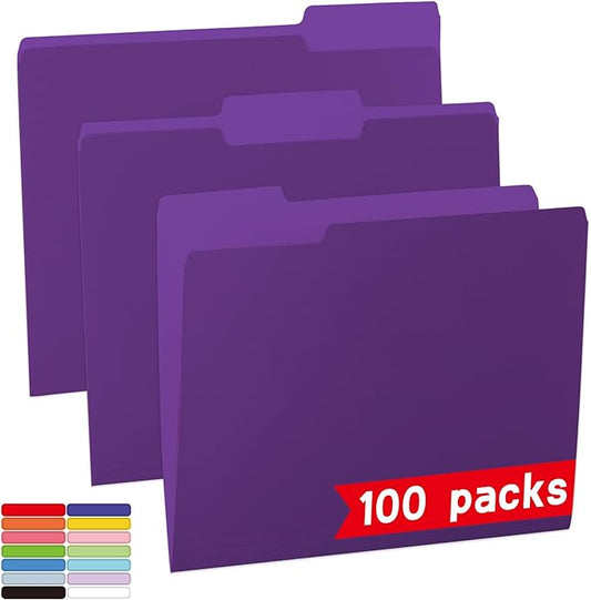 100 Packs Purple File Folder,1/3-Cut Tabs,File Folders Letter Size,8.5x11 File Folders for Office,School and Home,Organizer Documents-DeskLoop Office