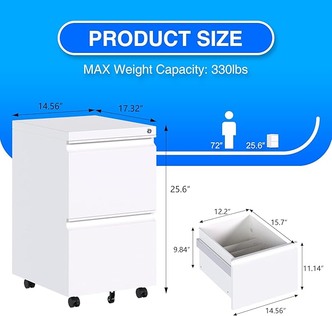 Aobabo 2 Drawer File Cabinet with Lock,Metal Filing Cabinet with Wheels for Home Office & Business Enterprise, Legal/Letter Size, Fully Assembled Except Wheels, White-DeskLoop Office