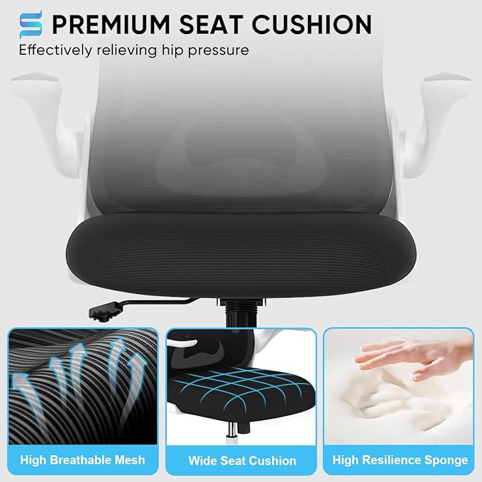 Sytas Ergonomic Desk Chair with Padded Flip up Arms and Supportive Lumbar Support, Breathable Mesh Home Office Chair with Comfortable Cushion for Home or Office(White)-DeskLoop Office