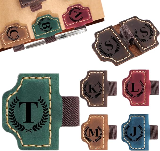 Custom Bookmark with Pen Holder with 26 Letters Personalized Magnetic Leather Book Mark, Customized Name Book Marker Clip with Initial for Men Women, Gifts for Book Lovers, Readers, (Green, T)