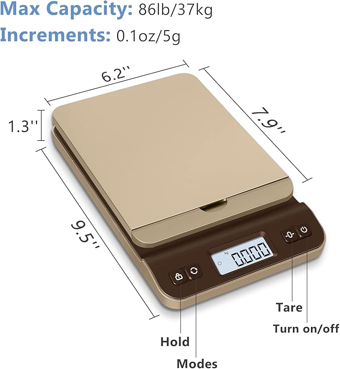 QP Digital Shipping Postal Scale, 86lb/0.1oz Accuracy Postage Scale with Hold/Tare Function, LCD Display, Flip-up Holder Package Scale, UPS Postal Scale for Packages, Battery & Tape Measure Included-DeskLoop Office