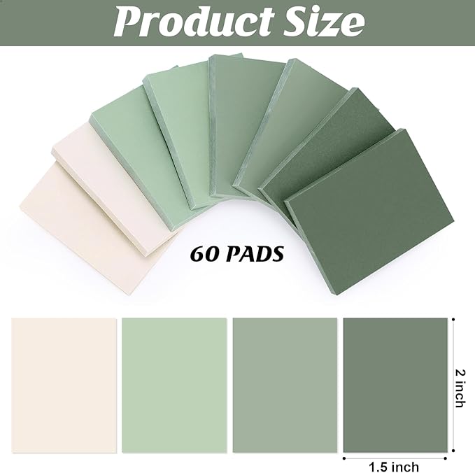 Fainne 60 Pads Sticky Notes Bulk 1.5 x 2 Inch Mini Self Stick Note Small Assorted Bright Colors Paper Memo for Office School Notebook Supplies 50 Sheets/pad (Simple Style,Green Series)-DeskLoop Office