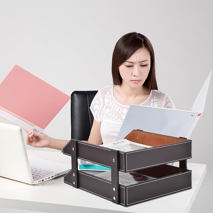Leather Desk Organizer,2-Tier Stackable Letter Tray Holder,Office Supplies Desktop Storage Box for Document,Stationery,Magazines,Newspapers,Letters and Other Home Office Paper Sundries,Coffee-DeskLoop Office