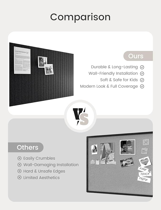 Bumusty Large Cork Board Alternative-36 x24 Felt Bulletin Board Tiles, with 30 Pushpins, 40 Adhesive Tabs, 6-Pack Slat Wall Paneling, Cork Boards for Office Push Pin Board Felt Board-Black-DeskLoop Office