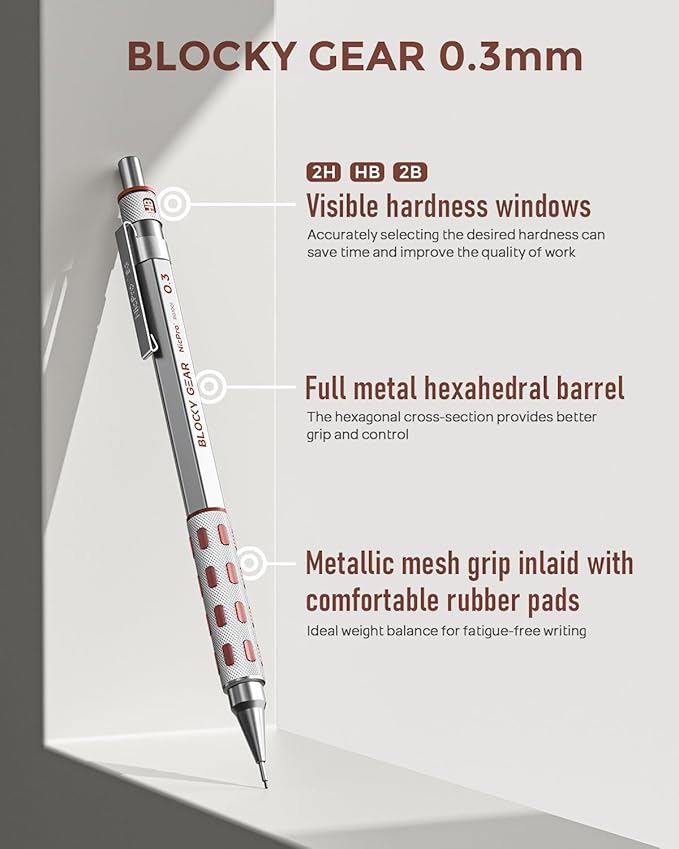 Nicpro Blocky Gear 0.3 mm Mechanical Pencils Set in Case, Metal Pencil with Lead Refills, Eraser for Professional & Adult Art Writing Drafting Drawing-DeskLoop Office