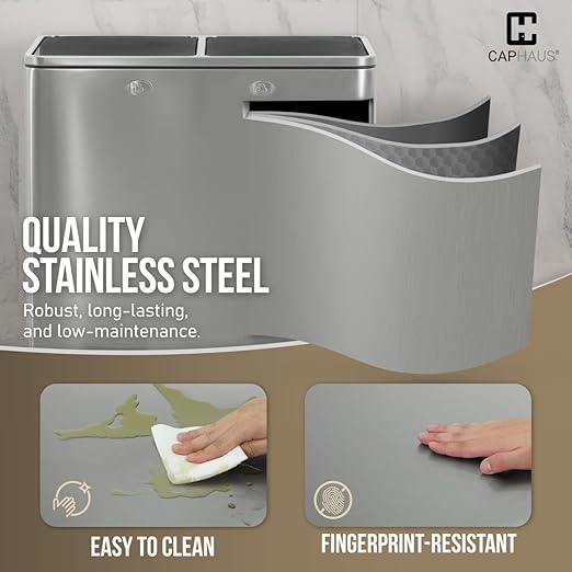 CAPHAUS Dual Trash Can with Double Lid, Trash and Recycle Bins Combo, Hands-Free Stainless-Steel Garbage Can for Kitchen, with 2 Compartment, Hinged Lid, Odor Filters, Handles, 30L+30L, 2 x 8 Gallon-DeskLoop Office
