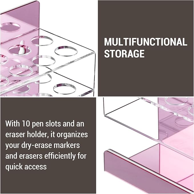 MyGift Dry Erase Marker Holder 10 Slots Whiteboard Marker Holder For Wall Dry Erase Eraser Holder Wall Mount Rose Pink-DeskLoop Office