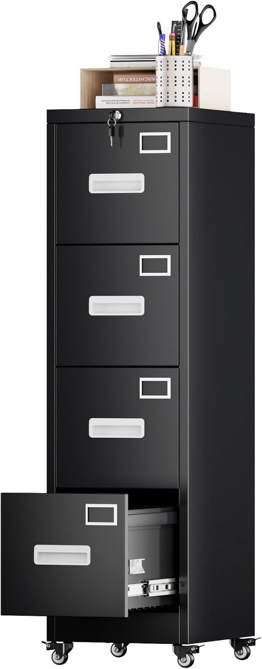 Aobabo 56" H 4 Drawer Moblie File Cabinet with Lock, Metal File Cabinet for Home Office with Wheels, Storage Legal/Letter A4 Size, Black, Assembly Required-DeskLoop Office