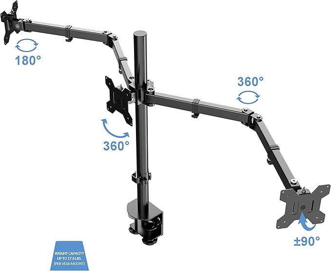 Rocelco 46" Standing Desk Converter with AC USB Charger and Triple Monitor Mount Arm - Height Adjustable Sit Stand Up Three Screen Riser Workstation - Keyboard Tray - Black (R DADRB-46-ACUSB-DM3)-DeskLoop Office
