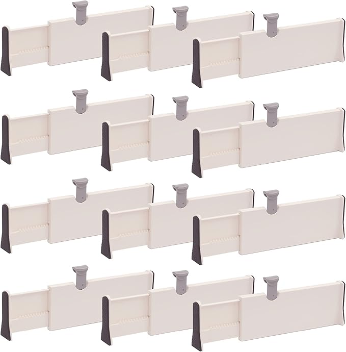 DIOMMELL 12 Pack Adjustable Plastic Drawer Dividers, White, 4"H x 11"-17"L, Expandable Organizers for Kitchen, Bedroom, Closet, Bathroom & Office Drawers-DeskLoop Office