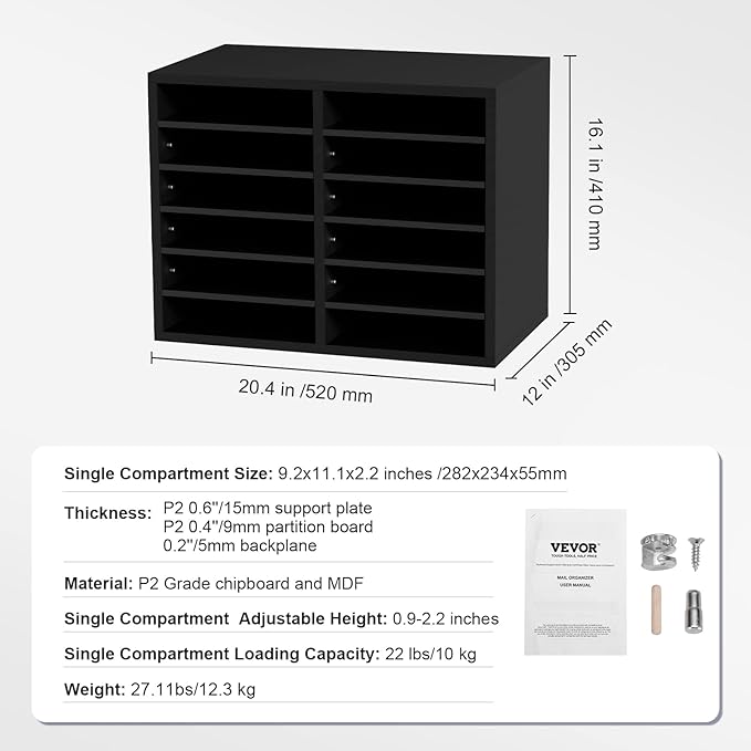 VEVOR Literature Organizers, 12 Compartments Office Mailbox with Adjustable Shelves,Wood Literature sorter 20.4x12x16.1 inches for Office, Home, Classroom, Mailrooms Organization, EPA Certified Black