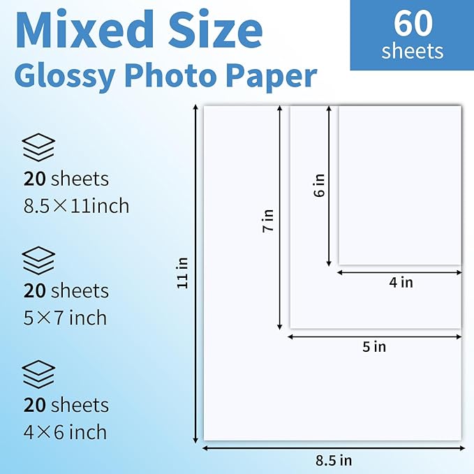 60 Sheets Glossy Photo Paper, 4x6 5x7 8.5x11 inch Inkjet Photo Printer Paper, Instant Dry Picture Paper for DIY Chip Bag, Flyers, Cards, Calendars and Brochures(180gsm/48lb) (mixed size)-DeskLoop Office