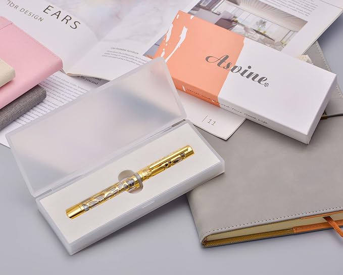 Asvine V169 Vacuum Filling Fountain Pen Medium Nib, Water Drop Skeleton Gold Trim Transparent Clear Acrylic Pen Case Set-DeskLoop Office