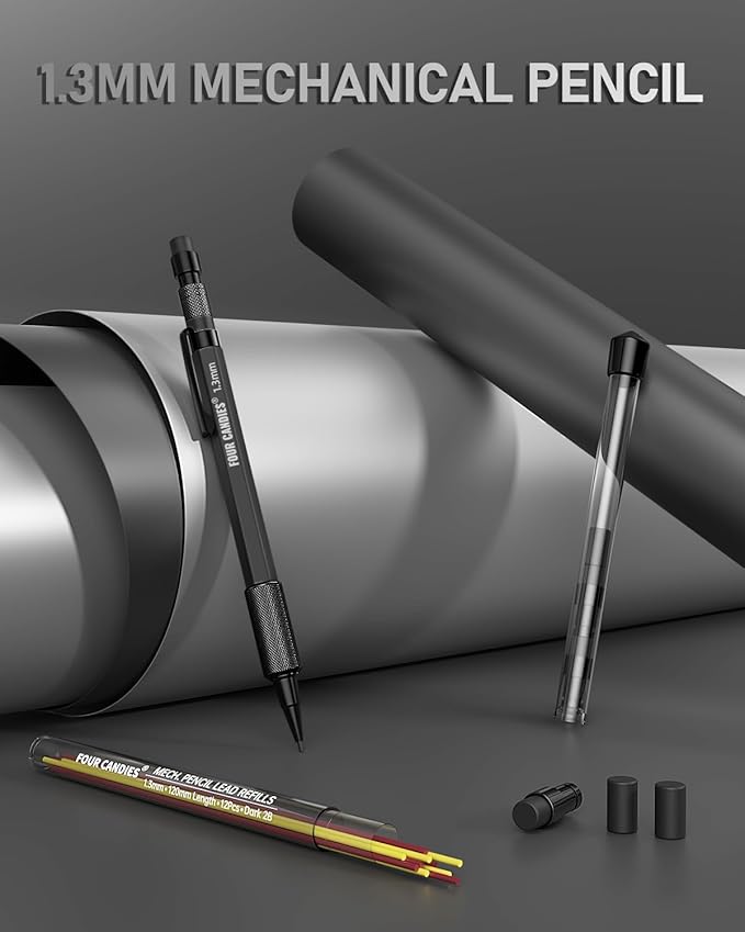 Four Candies 1.3mm Mechanical Pencil Set with 24 Lead Refills, Metal Weatherproof Heavy Duty Outdoor Carpenter Pencil, Eraser, 6 Eraser Refills for Architect Drafting Woodworking Marking with Case-DeskLoop Office