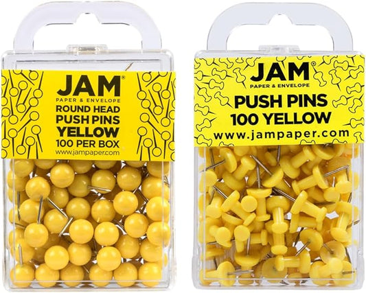 JAM PAPER Colorful Push Pins - Flat & Round Head Thumb Tack Combo Set - Yellow Pushpins - 200/Pack-DeskLoop Office