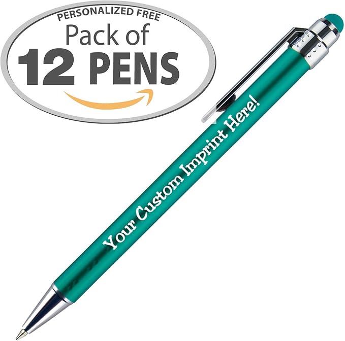 Personalized Pens with Stylus Tip -Bright Vibes- Click action - Custom - Black writing - Printed Name pens - Imprinted with Your Logo or Message - FREE PERSONALIZATION - 12 Pens/Box (Teal)-DeskLoop Office