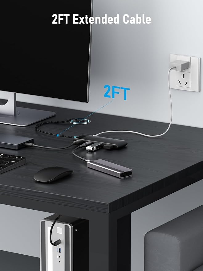 USB C Hub with 10Gbps 2 USB3.2 & 2 USB C 3.2, Charging Port, USB Port Extender for MacBook Pro/Air, Acer Aspire, HP Dell Laptops, iPad Pro, iPhone 15/15 Pro Max, etc., 1.97ft Cable-DeskLoop Office