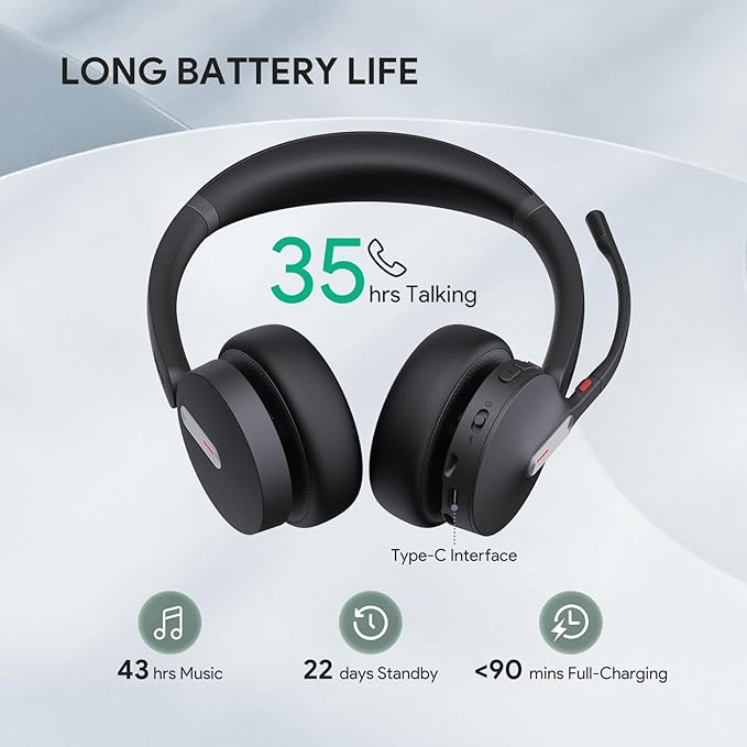 Yealink BH70 Wireless Bluetooth Headset with Microphone for Work, up to 35h Talking Battery Life, 3-Mic, 147g Lightweight Microsoft Teams Certified Headphone for Open Office, USB-C to A