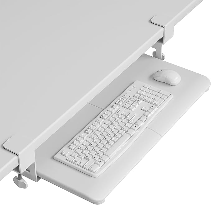 BONTEC KMT01 Under Desk Keyboard Tray, Pull-Out Keyboard & Mouse Platform with C-Clamp, 25.6 x 11.8 in Space-Saving Ergonomic Slide-Out Drawer, White-DeskLoop Office