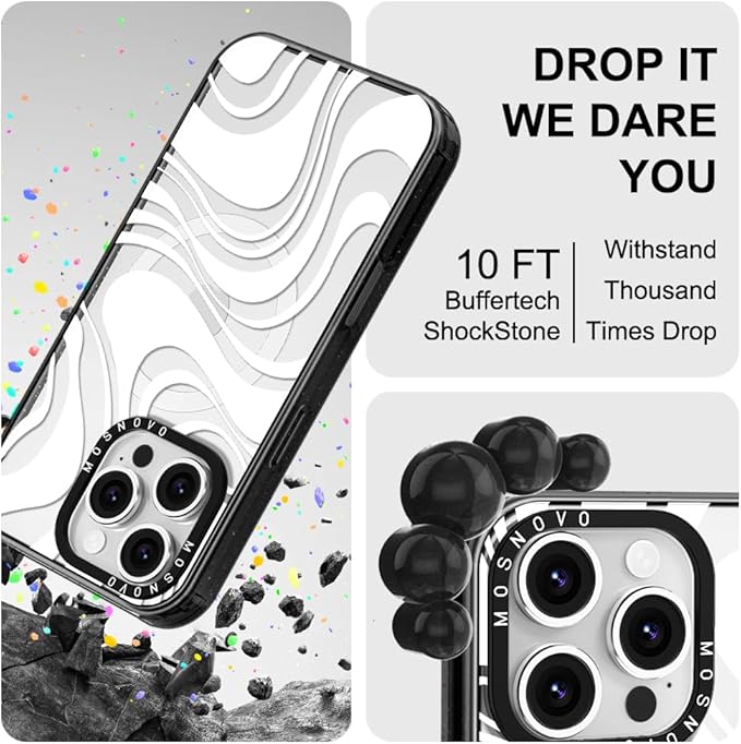 MOSNOVO Magnetic Case for iPhone 16 Pro, 10ft Military-Grade Protection, Compatible with Magsafe, Shockproof Phone Case for iPhone 16 Pro - White Swirl - Clear Black-DeskLoop Office