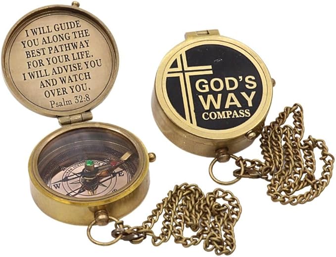 God's Way Solid Brass Engraved Compass - Psalm 32:8, Directional, Baptism & First Communion Gifts for Boys & Girls, Christian Gifts for Men & Boys-DeskLoop Office