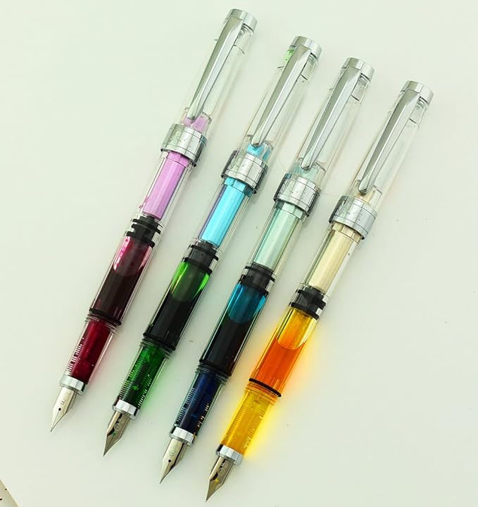Lanxivi Yongsheng 3008 Piston Fountain Pen EF Extra Fine Nib,Transparent SilverTrim 4 Colors Set-DeskLoop Office