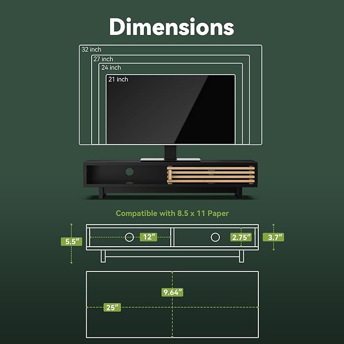 Monitor Stand Riser with Sliding Door, Computer Laptop Stand Desk Shelf Organizer with Storage (Black + Natural Bamboo, 25 Inch)-DeskLoop Office