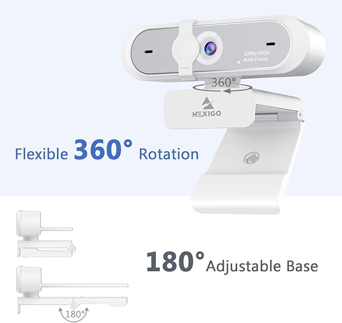 NexiGo N660P 1080P 60FPS Webcam with Software Control, Dual Microphone & Cover, Autofocus, HD USB Computer Web Camera, for OBS/Zoom/Skype/FaceTime/Teams/Twitch, White-DeskLoop Office