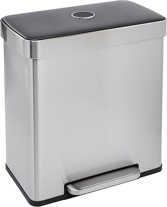 Amazon Basics Dual Compartment Recycling Trash Can with Soft-Close Lid and Removable Liner Buckets, 60 Liters, Rectangular, Grey, Silver-DeskLoop Office