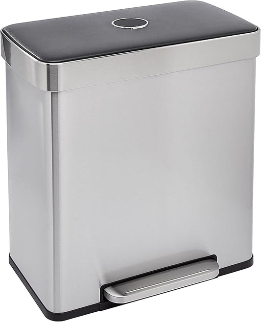 Amazon Basics Dual Compartment Recycling Trash Can with Soft-Close Lid and Removable Liner Buckets, 60 Liters, Rectangular, Grey, Silver-DeskLoop Office