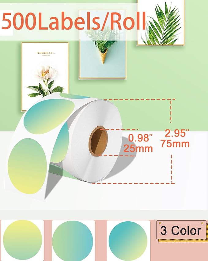 2 inch Round Thermal Labels, Thermal Printer Labels Sticker use for Barcode, Shipping, Customized, Circle Direct Thermal Stickers 500 PCS/1 Roll, Gradient Green-DeskLoop Office