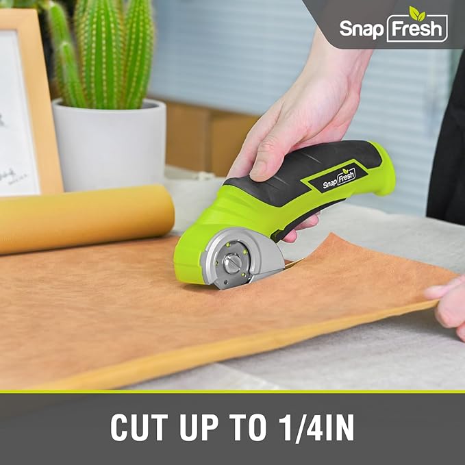 SnapFresh Cordless Electric Scissors, 4V Electric Mini Box Cutter, Carpet & Cardboard Cutter Tool with a Replacement Blade/Charger, Rotary Cutter for Cardboard Packages Leather Plastic (Green)-DeskLoop Office