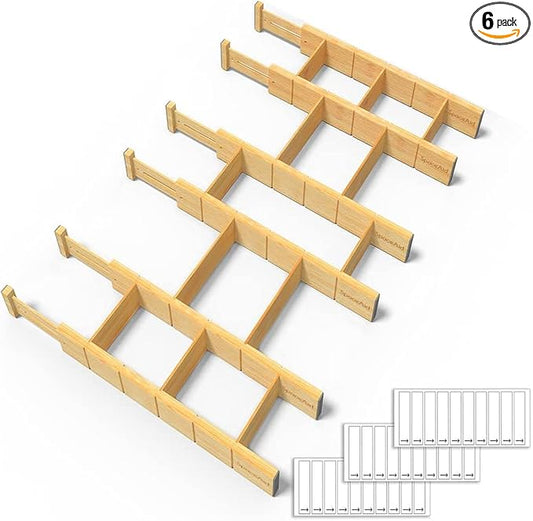 SpaceAid Bamboo Drawer Dividers with Inserts and Labels, Kitchen Adjustable Drawer Organizers, Expandable Organization for Home, Office, Dressers and Bathroom, 6 Dividers with 12 Inserts (17-22 in)-DeskLoop Office