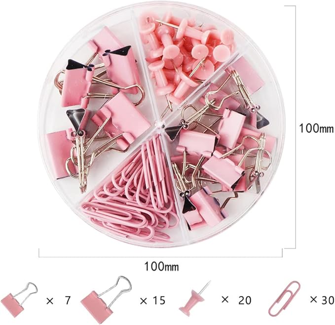 Paper Clips and Binder Clips Set, Metal Assorted Sized Binders with Push Pins, Cute Office Supplies for Desk, Desk Accessories (Pink)-DeskLoop Office