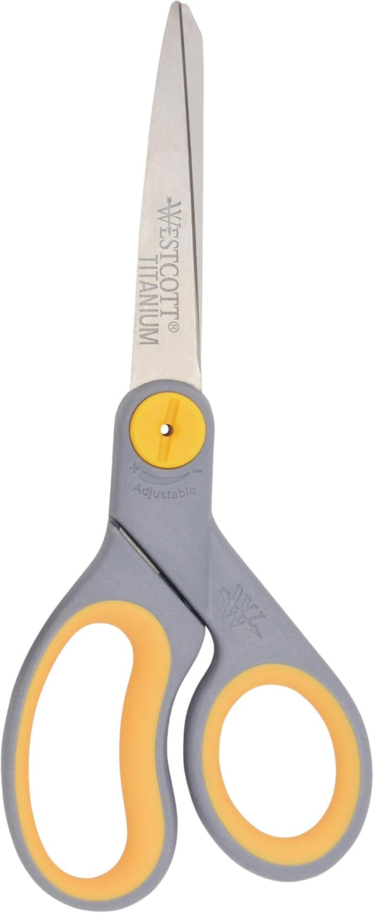 Westcott 8-Inch Titanium-Bonded Scissors with Adjustable Glide Feature for Office and Home - Gray/Yellow-DeskLoop Office