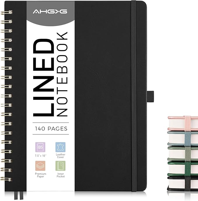 AHGXG Lined Spiral Journal Notebook, B5 Large Notebooks for Women Men, 140 Pages Hardcover Leather Notebook College Ruled, 100 GSM Paper, Notebooks for Work School Note Taking, 7.6" x 10", Black-DeskLoop Office