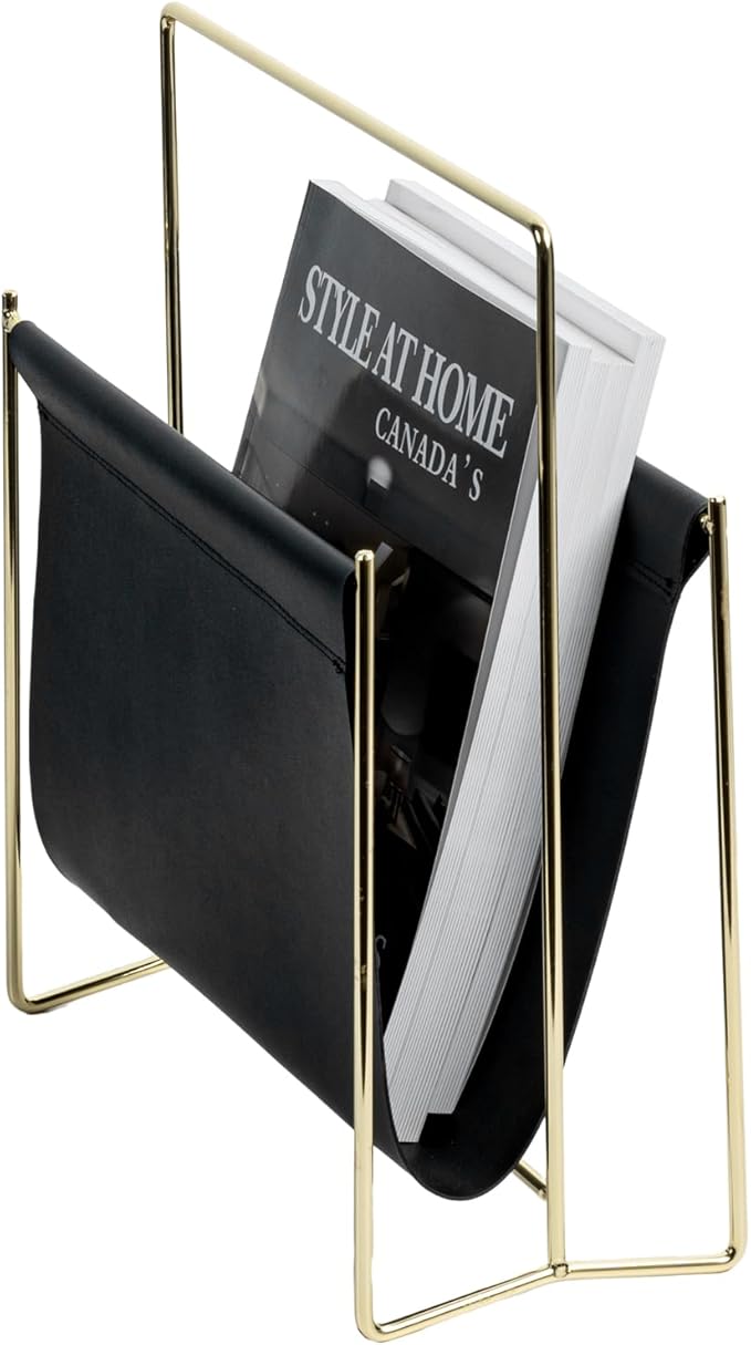 MyGift 13 Inch Modern Black Leatherette Magazine Holder Floor Standing Sling Style Rack with Gold Tone Metal Frame-DeskLoop Office